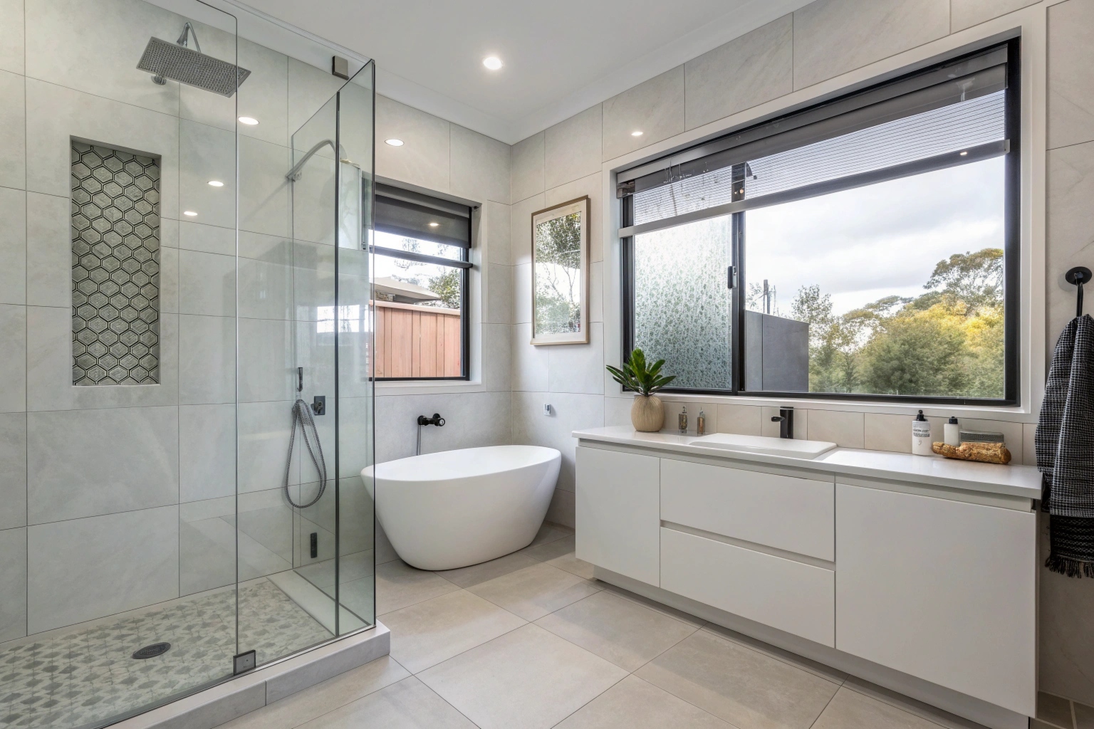 Modern bathroom renovation with white tiles and frameless shower screen in Lake Macquarie home