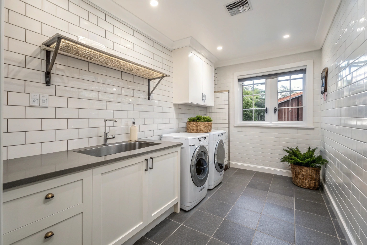 Clean tiled laundry wet area with white subway tiles and grey floor in Australian home