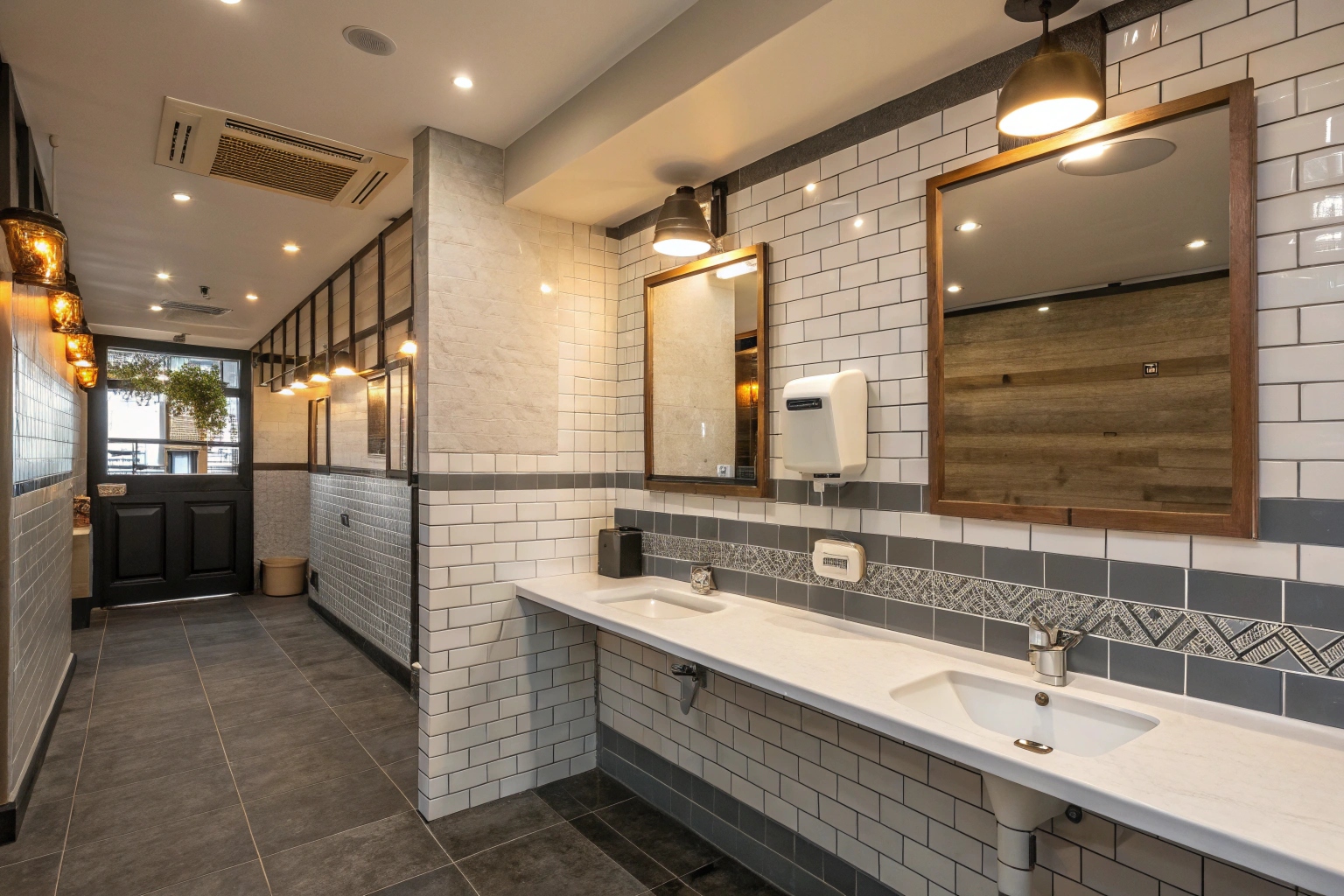 Renovated hospitality bathroom in Lake Macquarie cafe with contemporary tiling and wall-mounted hand dryer