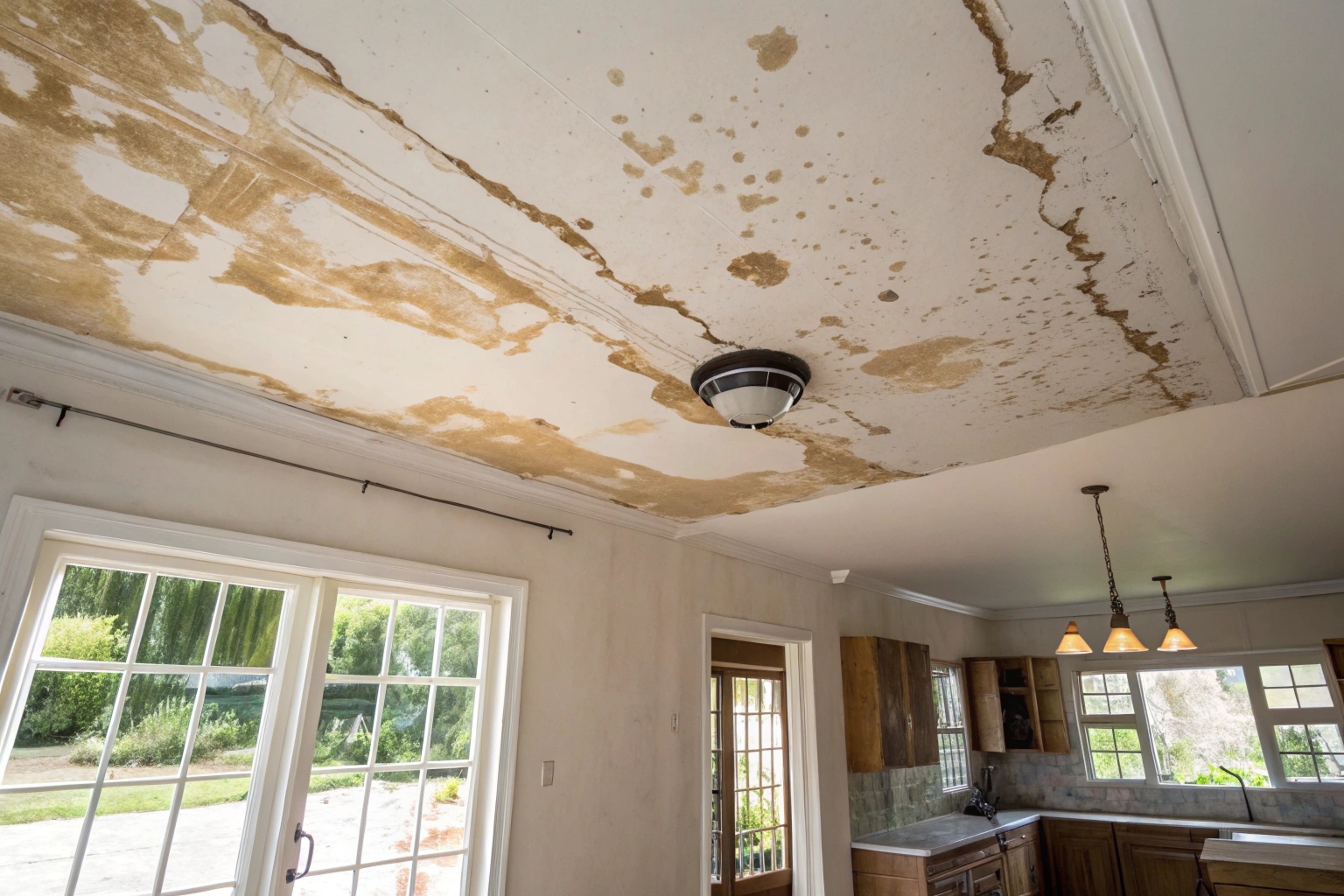 Ceiling water damage staining from bathroom leak in Lake Macquarie home