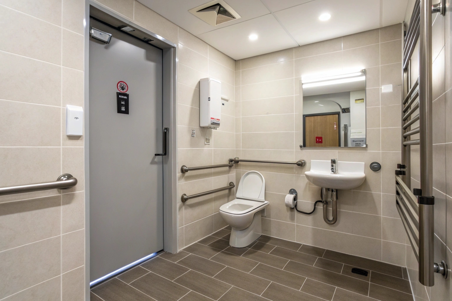 Compliant disabled access commercial bathroom with grab rails and lever tapware Lake Macquarie