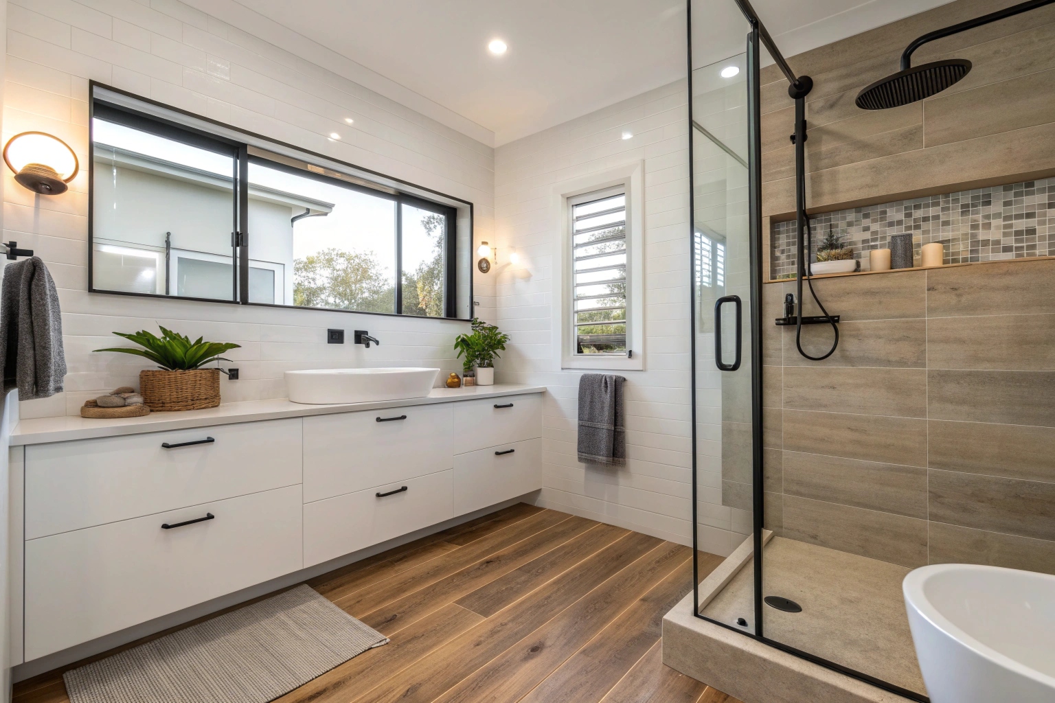 Completed bathroom renovation with timber-look tiles and matte black tapware in Australian coastal home