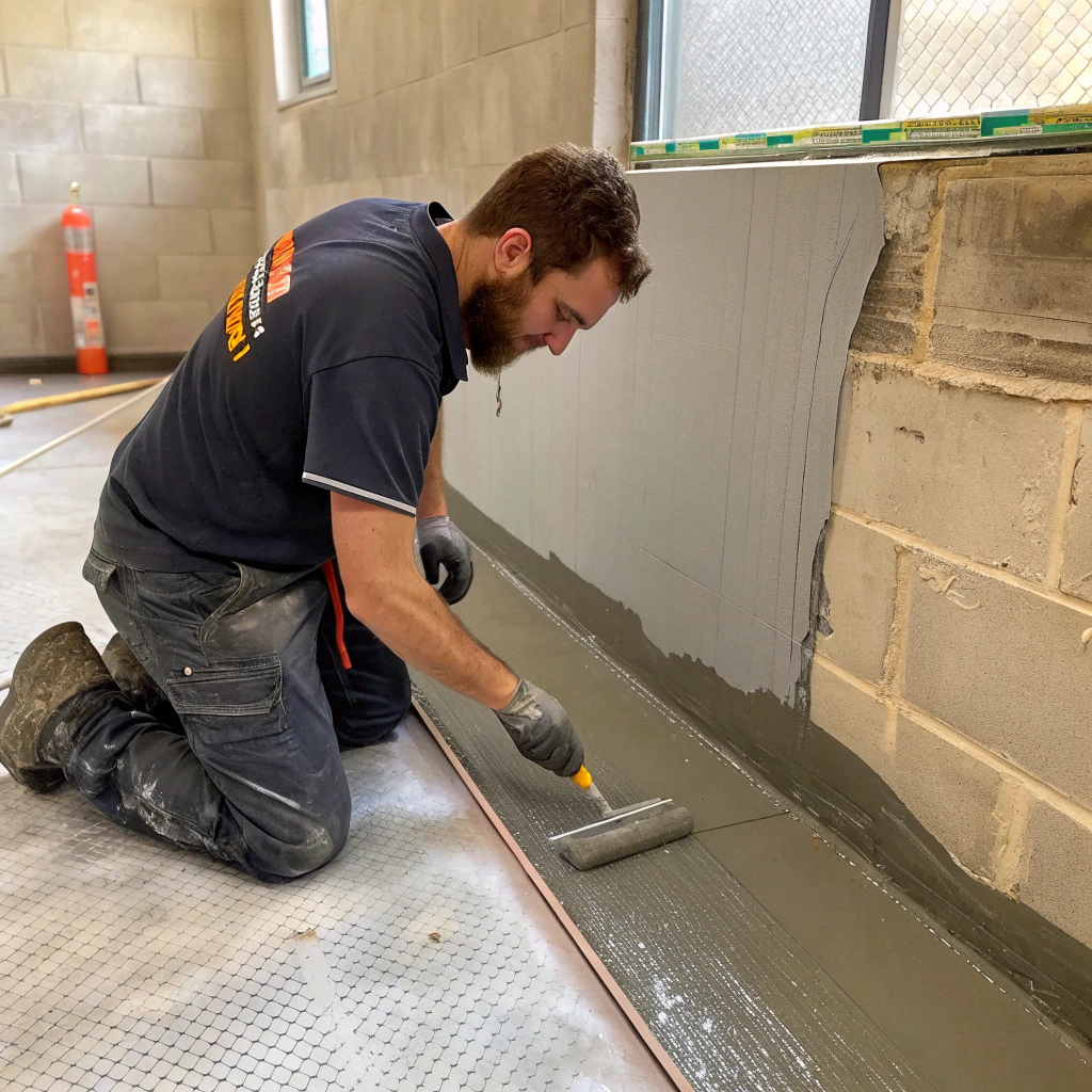 Bathroom waterproofing membrane being applied during renovation in Lake Macquarie