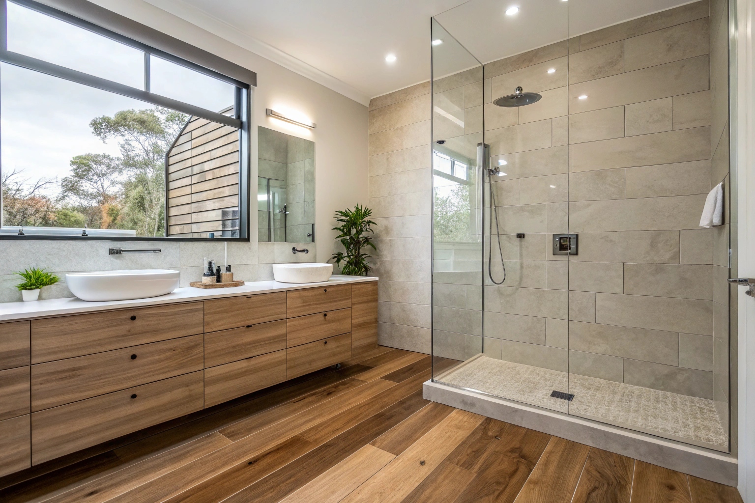 Bright modern bathroom with quality tiling and rainfall shower in Lake Macquarie home renovation