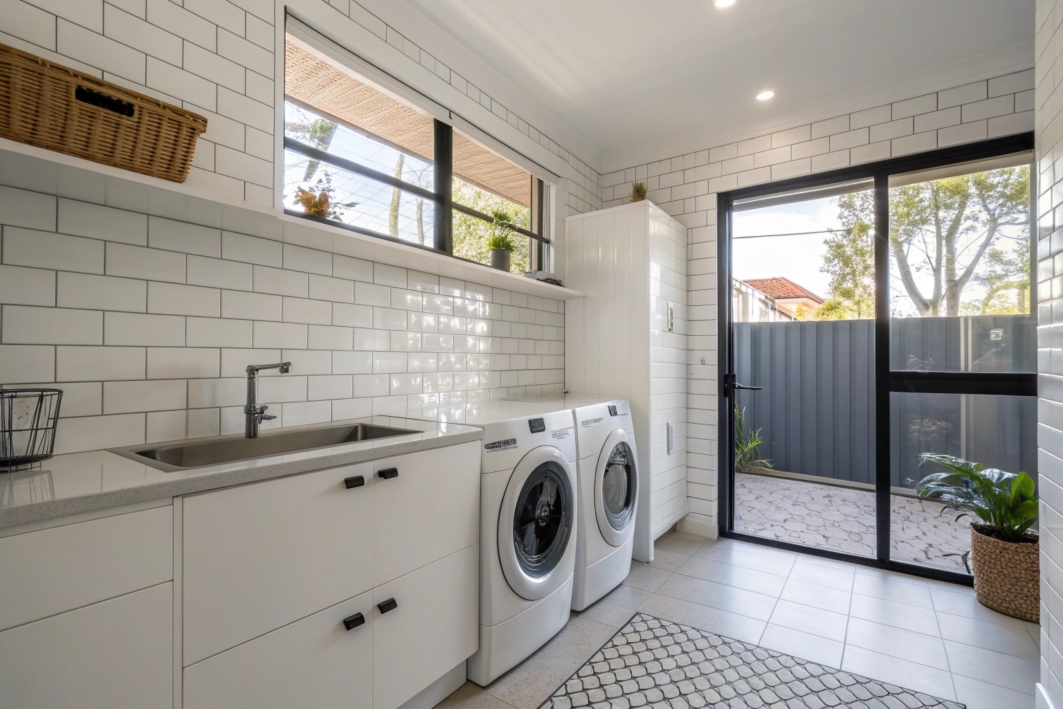 Prompt: Contemporary Australian laundry room with white tiles and modern fittings, bright natural light, clean coastal home interior