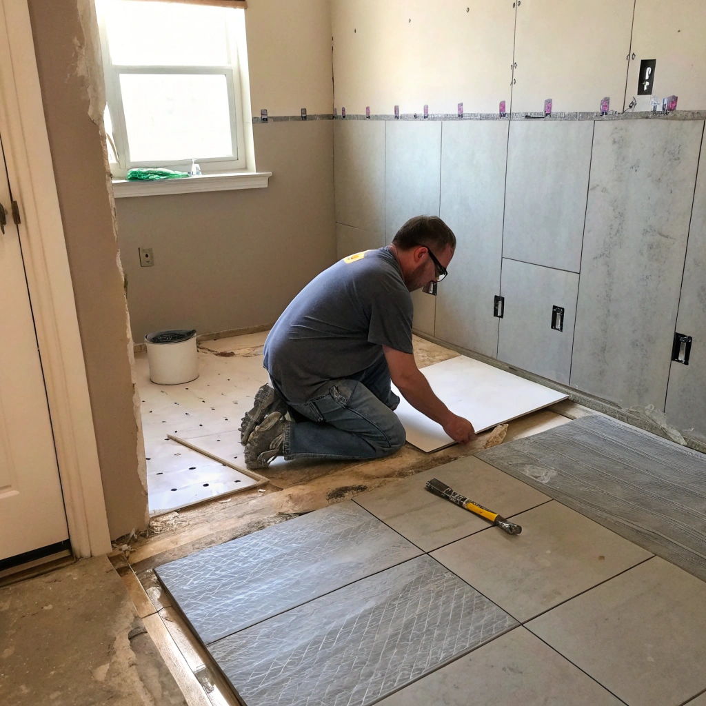 flooring contractor tiling bathroom floor in Lake Macquarie investment property