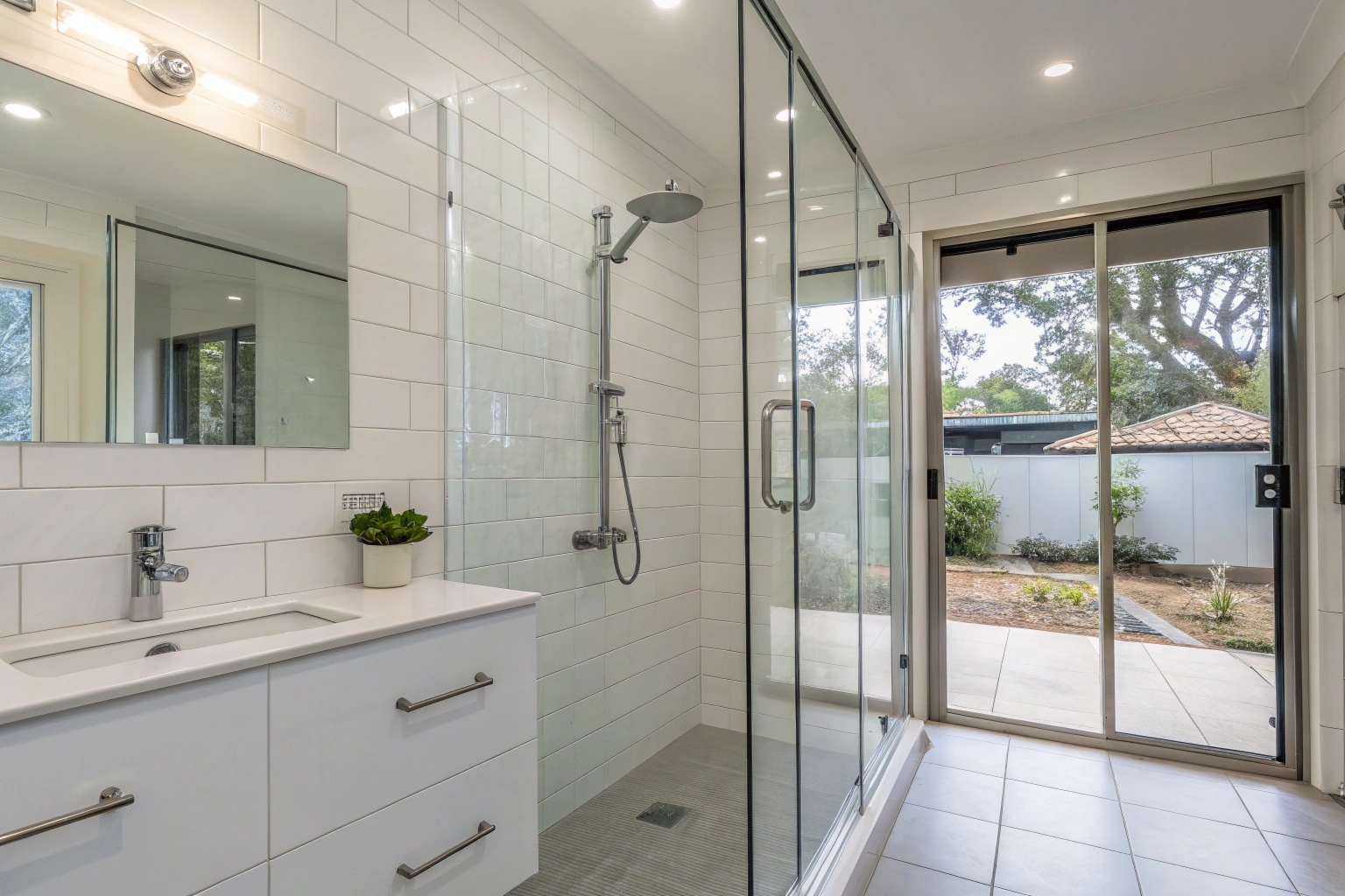 Renovated shower with contemporary fixtures in Australian home, clean white tiles, chrome tapware, coastal bathroom design