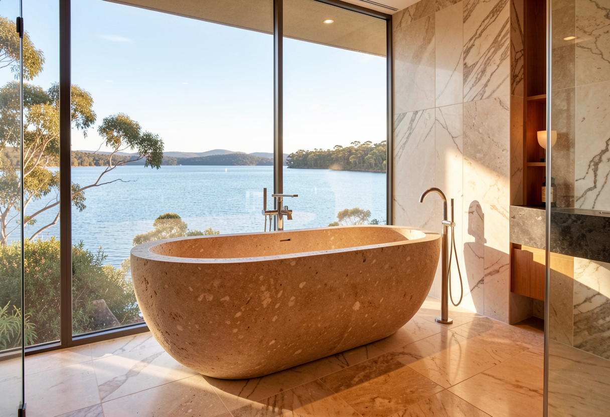 luxury coastal bathroom in an Australian lakeside home luxury coastal bathroom in an Australian lakeside home