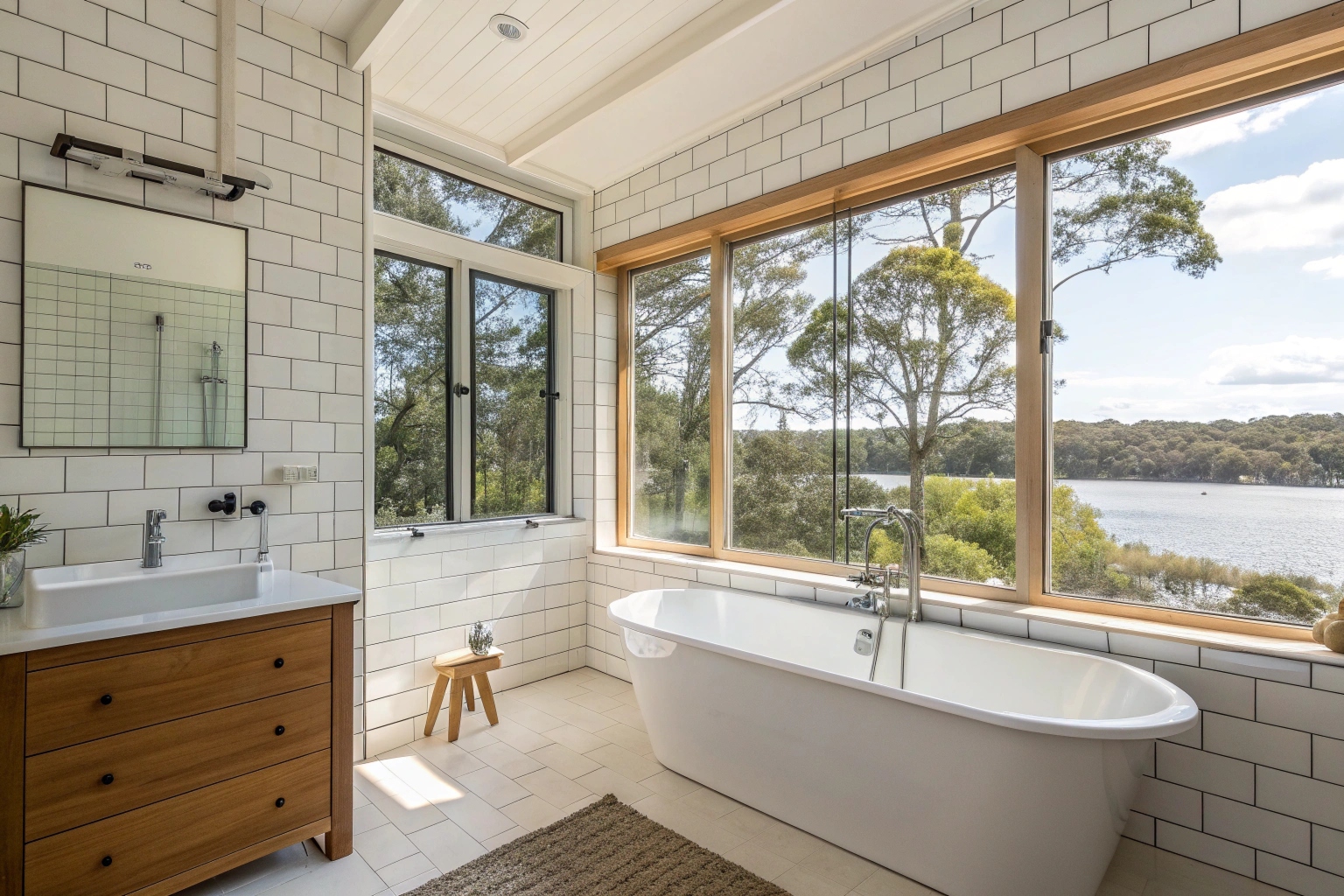 Spacious modern Australian bathroom with bathtub and shower, white subway tiles, lakeside property interior, natural daylight