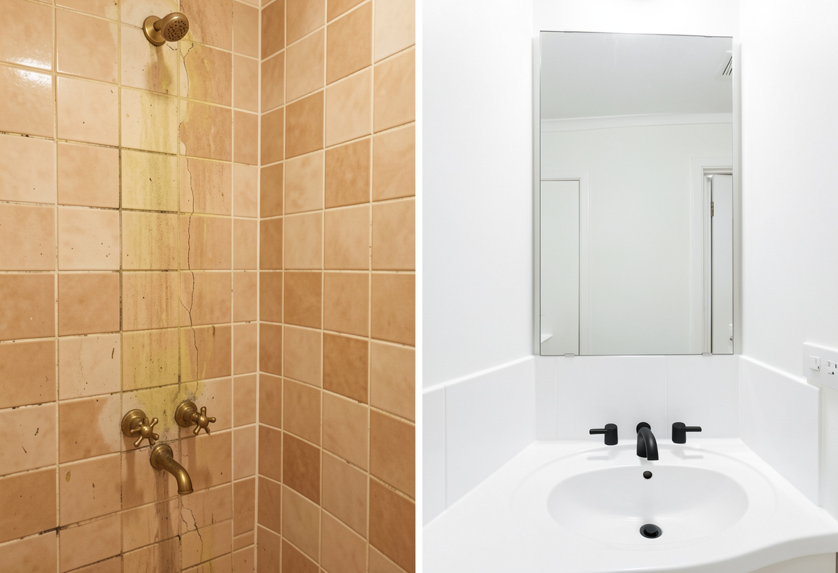 A split-image photograph showing bathroom makeovers. A split-image photograph showing bathroom makeovers.