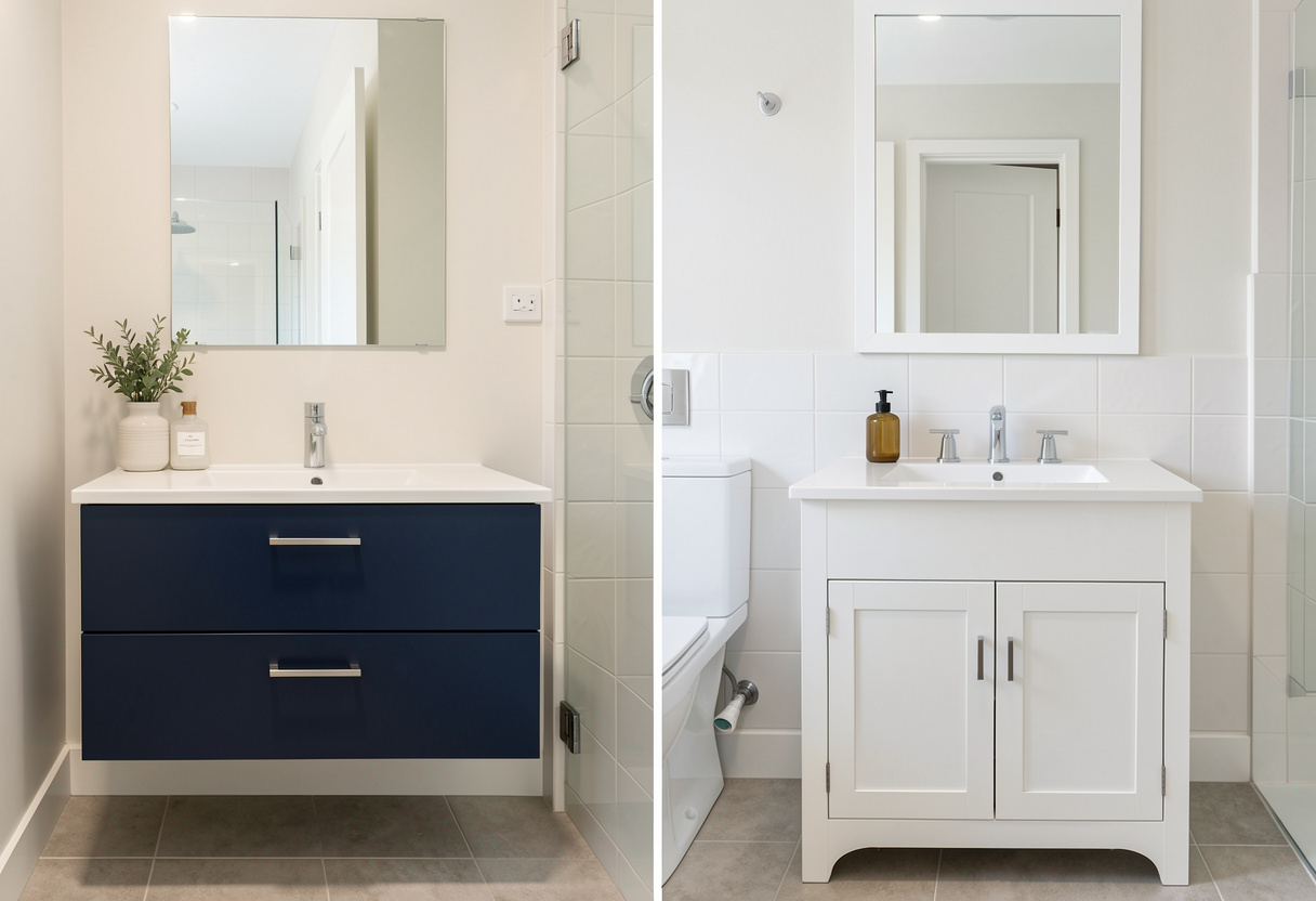 two different bathroom vanity styles side by side