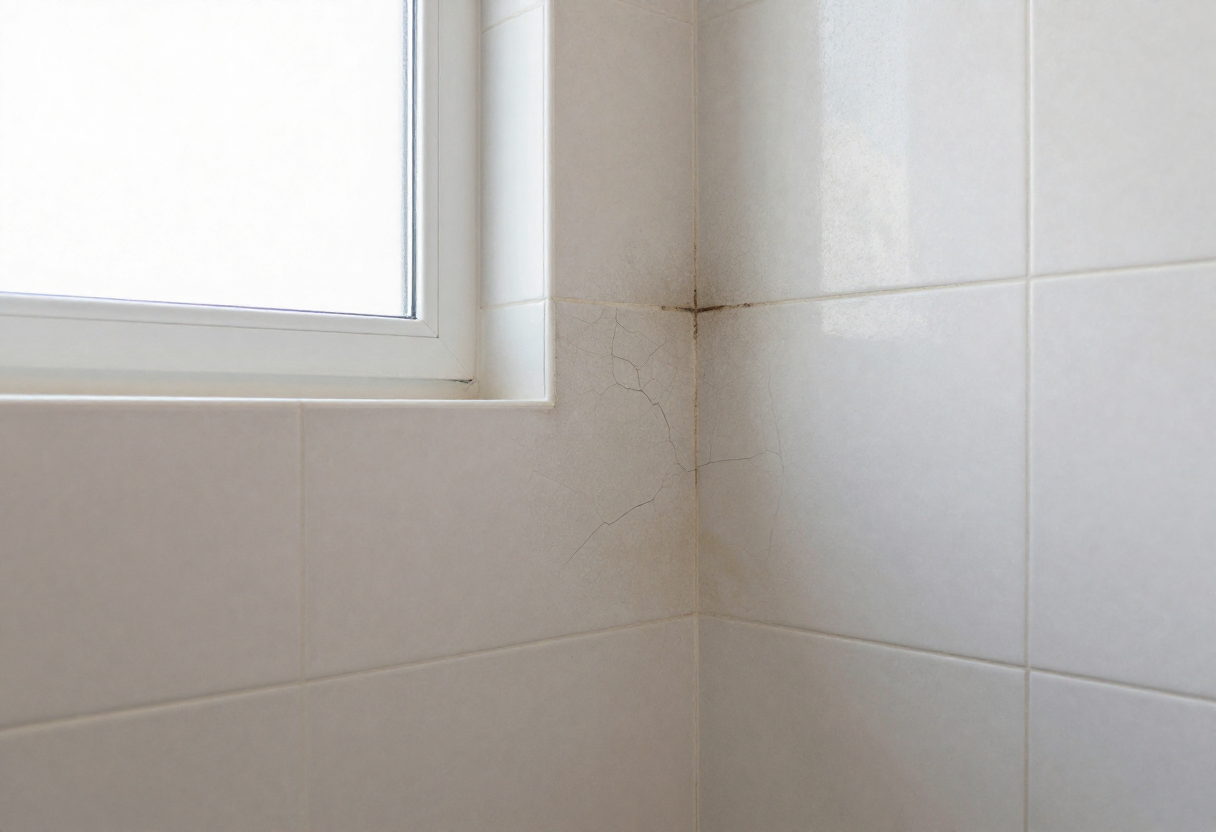 visible water damage signs including darkened grout lines,