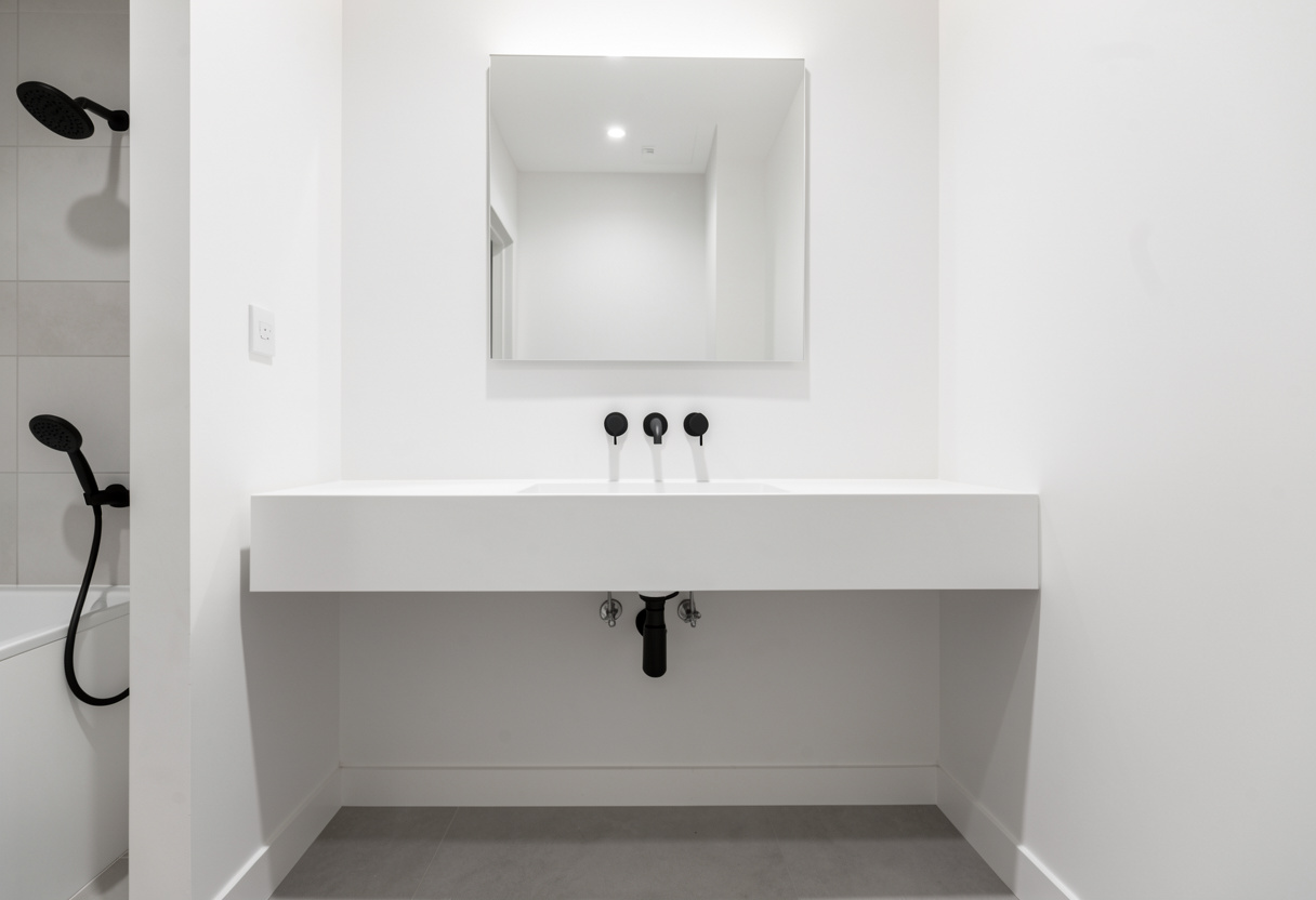 wall-hung floating vanity installation in matte white with concealed plumbing wall-hung floating vanity installation in matte white with concealed plumbing