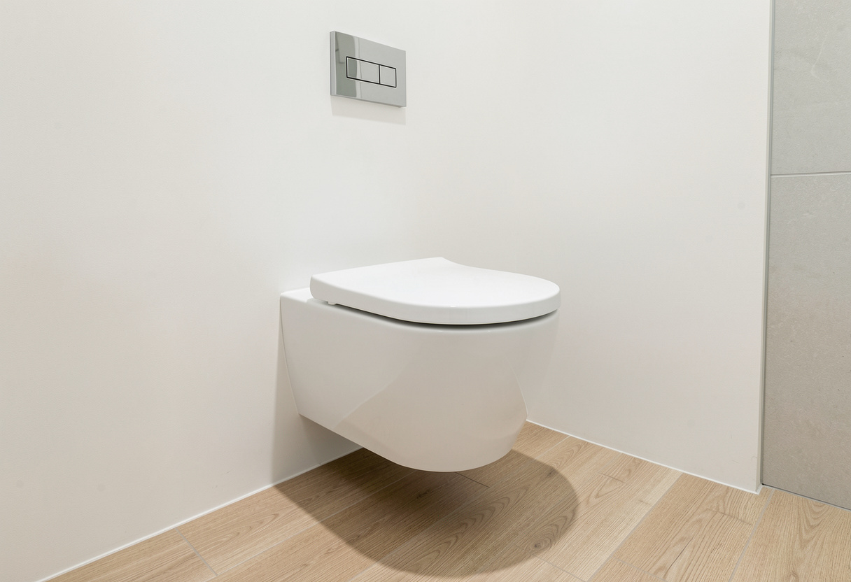 white toilet floating installation above a light timber-look floor white toilet floating installation above a light timber-look floor