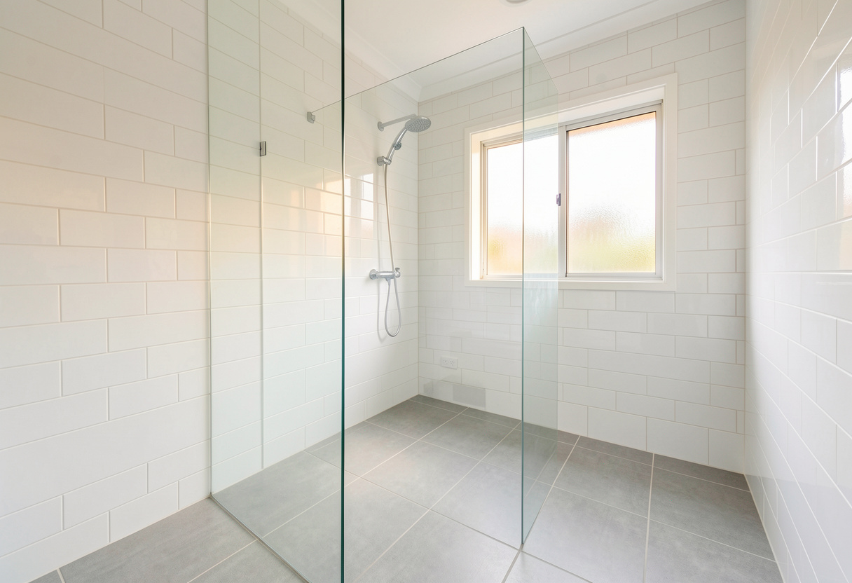 wide-angle view of a freshly completed modern bathroom in an Australian home wide-angle view of a freshly completed modern bathroom in an Australian home