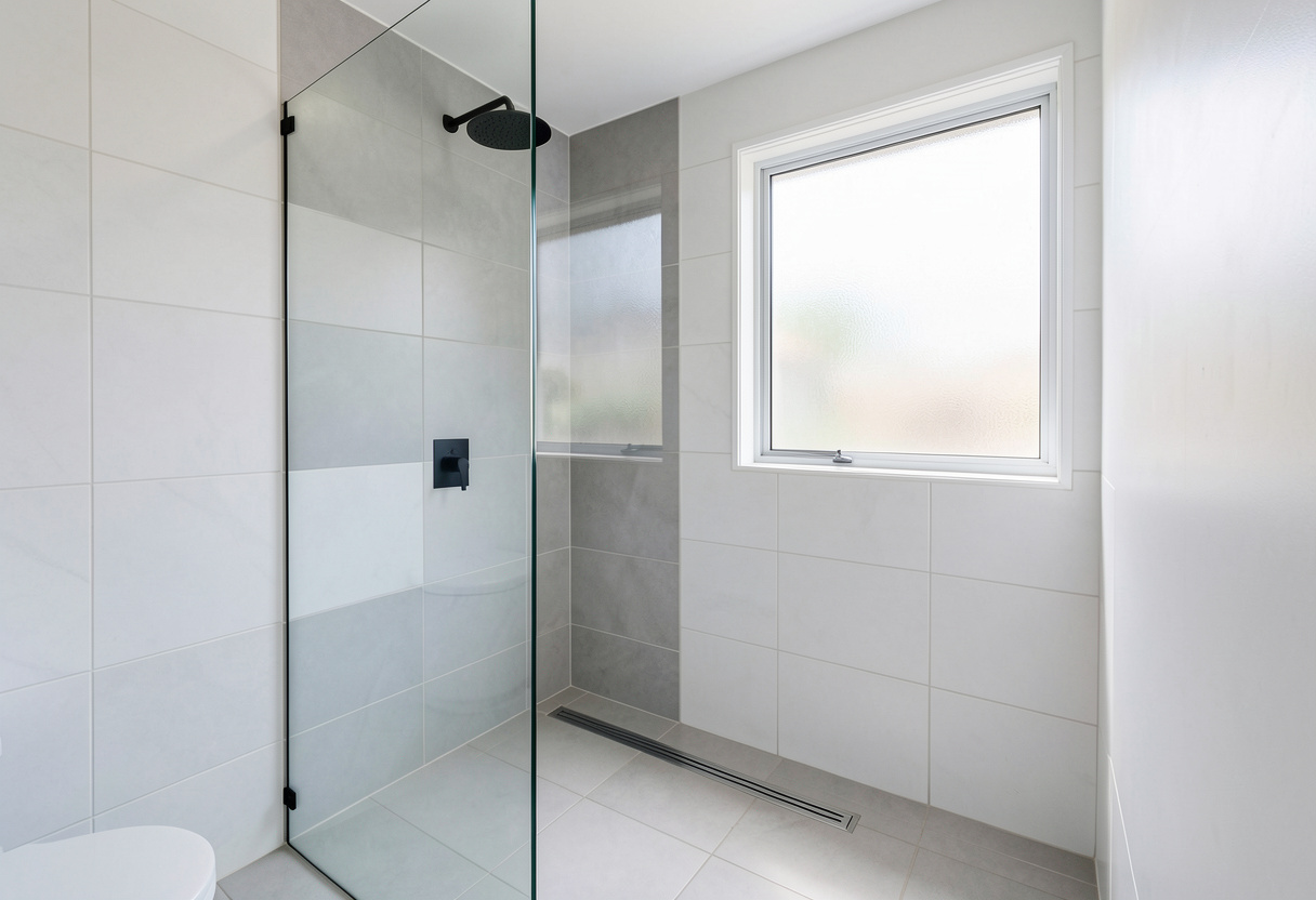 wide-angle view of a modern walk-in shower