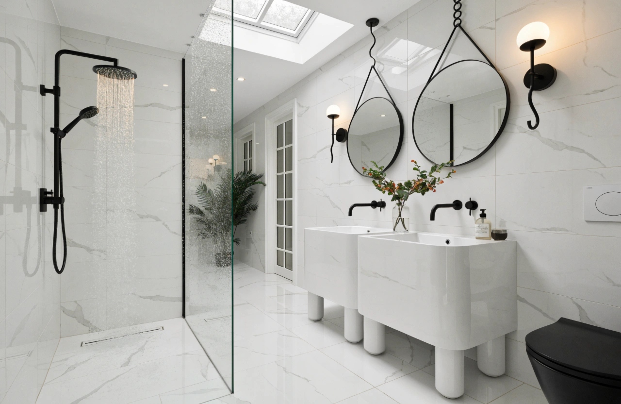 Completed modern bathroom renovation Lake Macquarie with large-format tiles and frameless shower screen