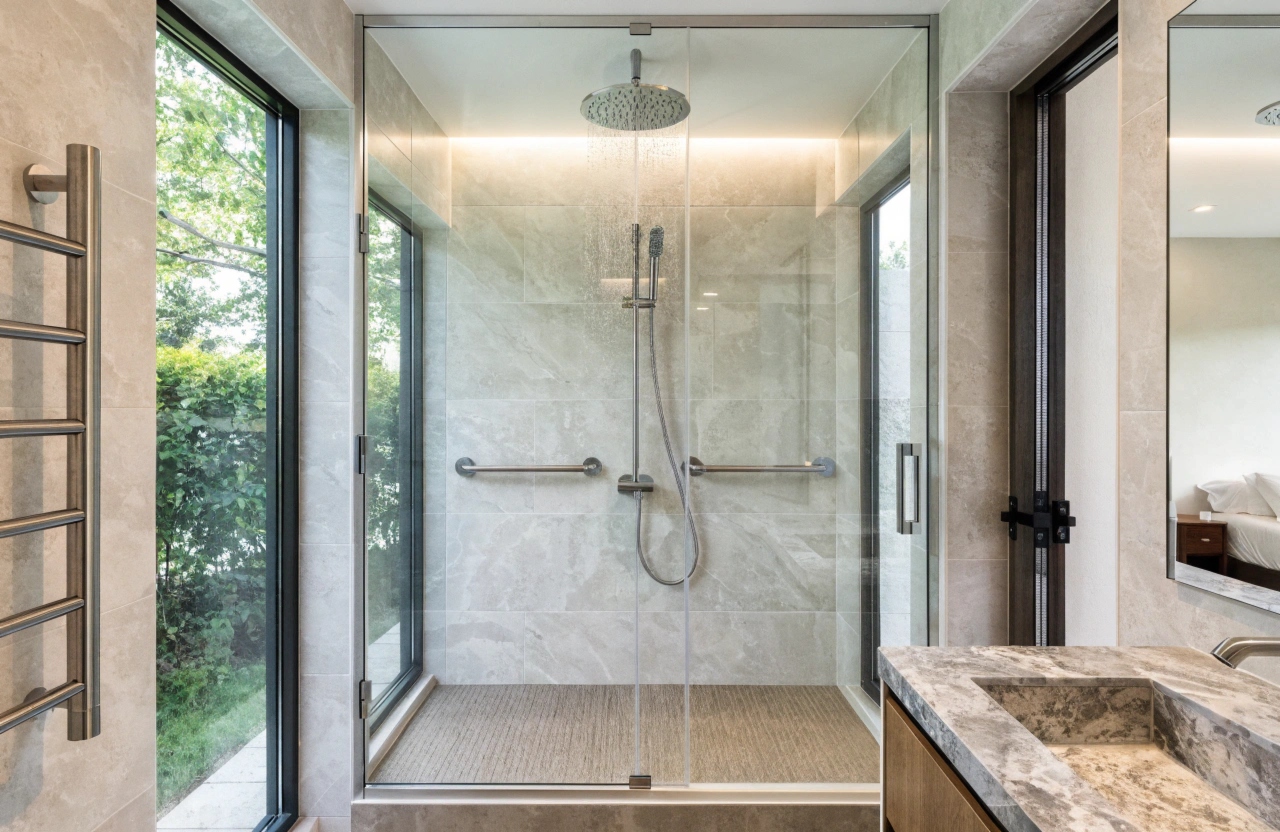Accessible bathroom renovation Cardiff Lake Macquarie with walk-in shower grab rails and non-slip floor tiles