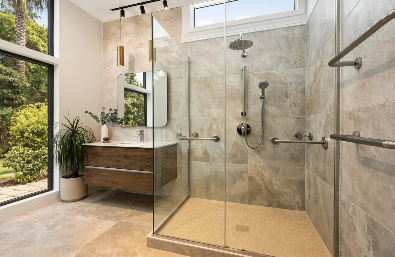 Bathroom waterproofing and retiling renovation Eleebana Lake Macquarie with floor-to-ceiling white tiles and frameless shower screen