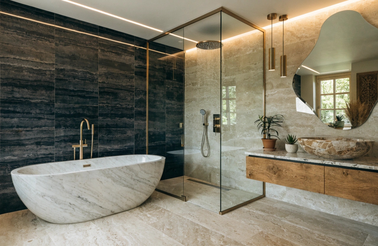 Luxury bathroom renovation Lake Macquarie with freestanding bathtub dark feature tiles and gold fixtures