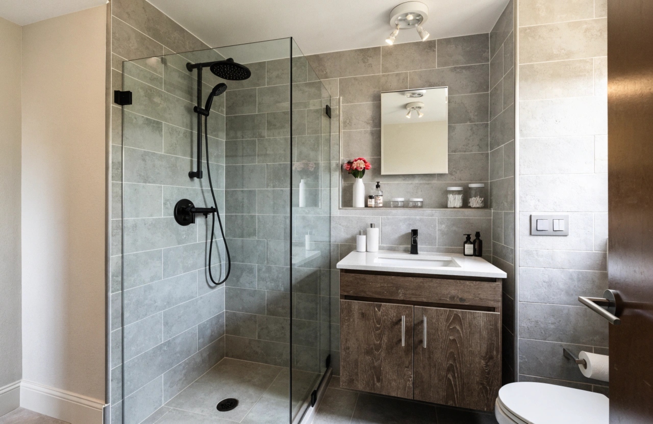 Small bathroom renovation Lake Macquarie with corner shower and space-saving wall-hung vanity