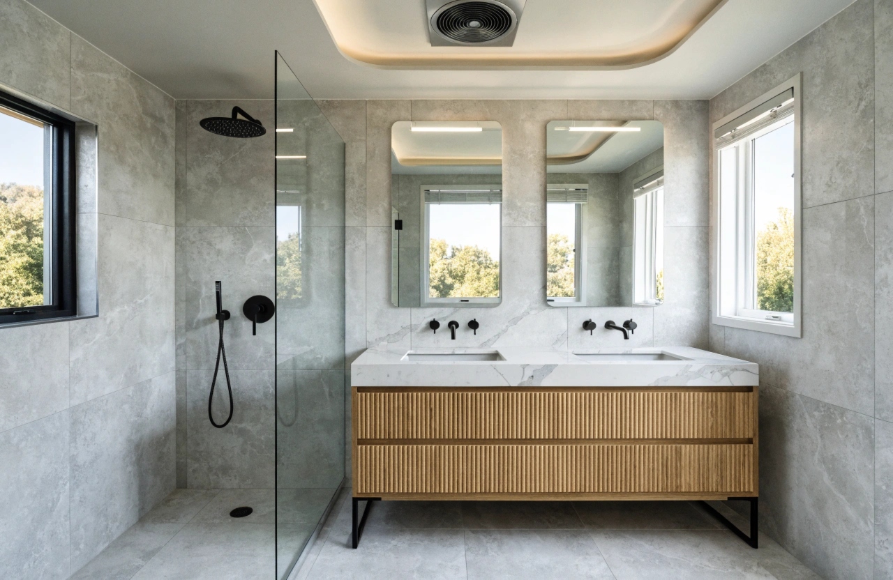 Completed bathroom renovation Warners Bay featuring large-format porcelain tiles frameless shower screen and double vanity