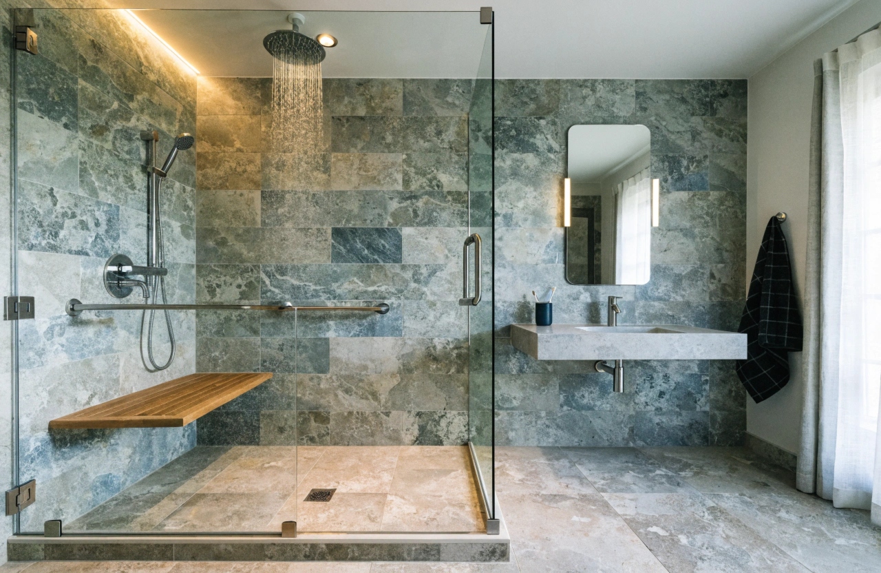 Accessible bathroom renovation Lake Macquarie with walk-in shower grab rails and non-slip tiles