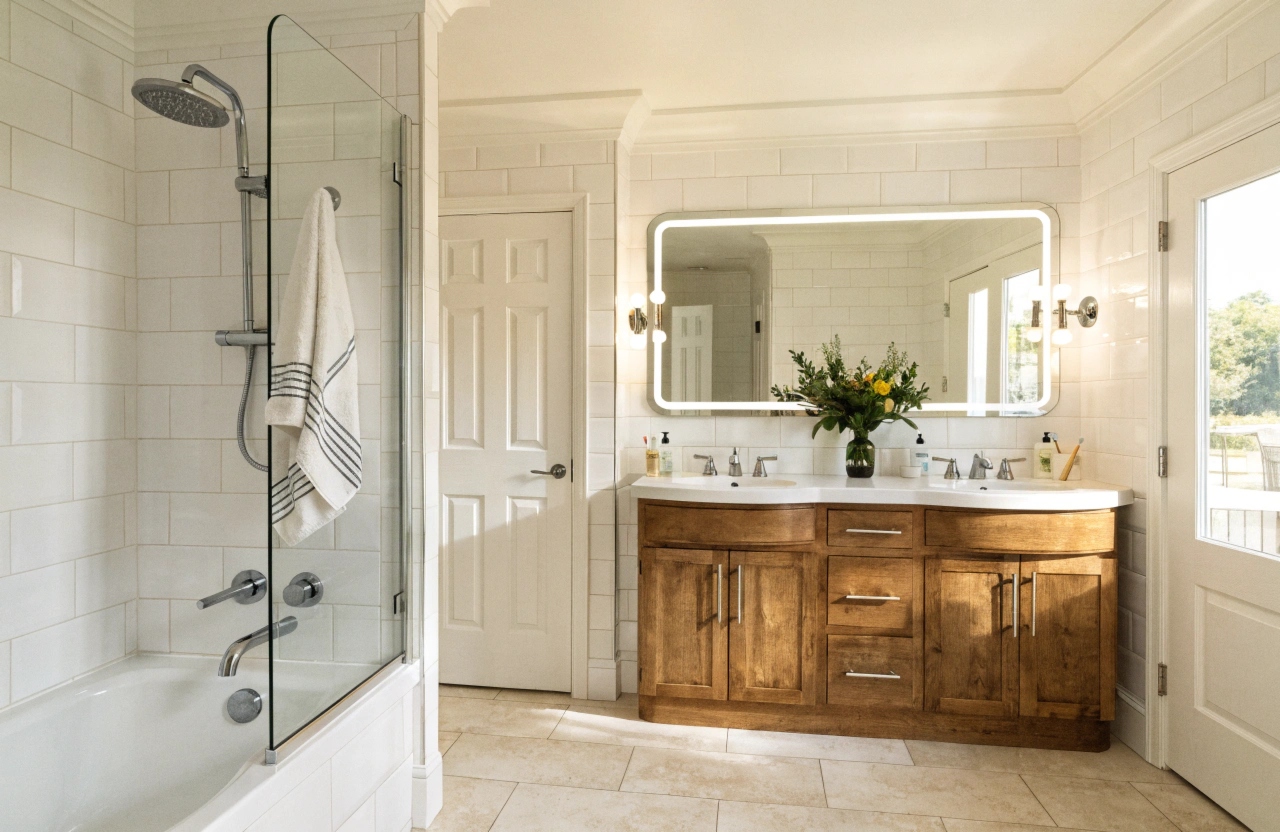 Family bathroom renovation Cardiff Lake Macquarie with bath shower combo and double vanity