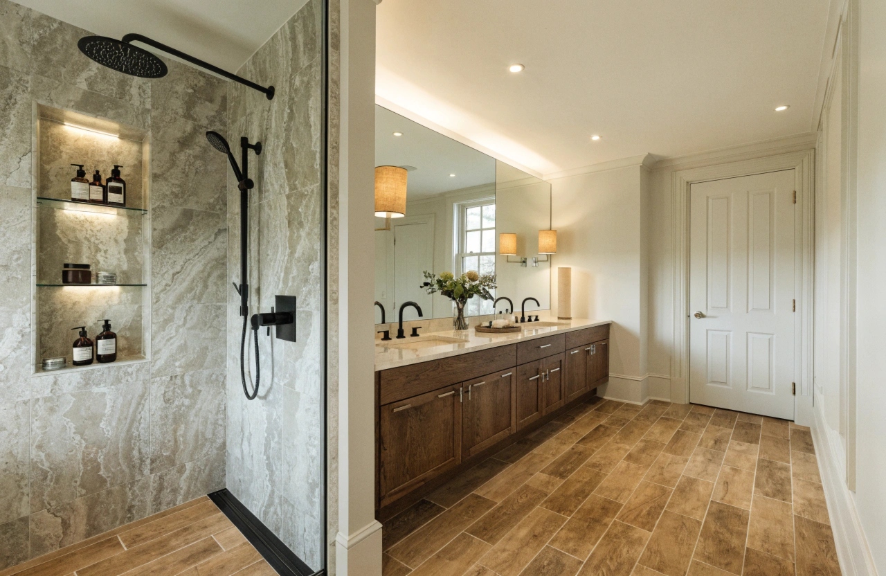 Luxury lakefront bathroom renovation Warners Bay with rainfall shower and timber-look tiles